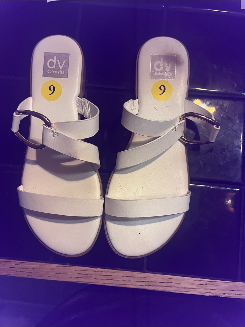 Dolce Vita White Slide Sandals with Gold-Tone Buckle Accent